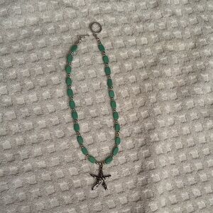 Silver Starfish Necklace with Green Beads